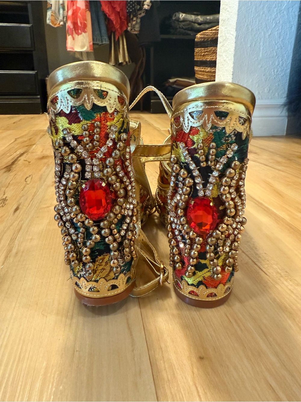 Gold Platform Slingback Heels with Red Gem Accents - Picture 3 of 6